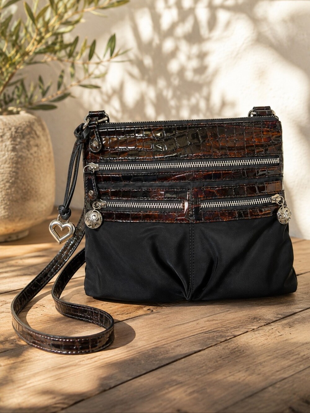 Brighton Black Nylon & Croc Embossed Leather Crossbody Bag Heart Charm Organizer